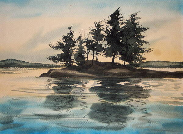 Sunset Island Sillotte Water Reflections Evening Landscape Art Print featuring the painting Evening Island by Lynne Haines