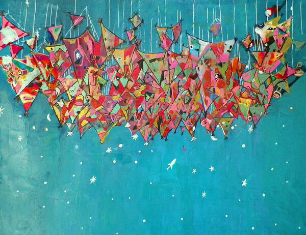 Hanging Kites Art Print featuring the painting Face in the Crowd by Linnie Greenberg