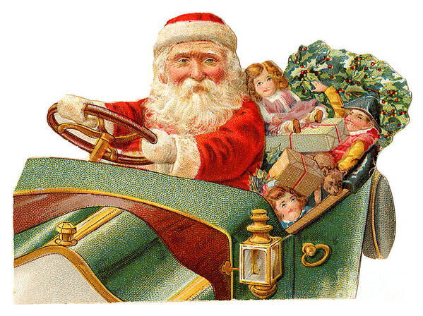 Father Christmas Art Print featuring the painting Father Christmas AKA Santa Claus delivering presents in his automobile early vintage poster by Vintage Collectables