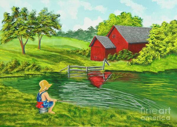 Country Kids Art Art Print featuring the painting Favorite Fishing Hole by Charlotte Blanchard
