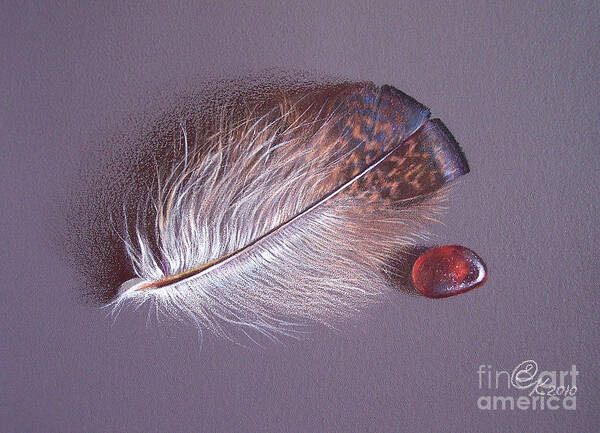 Feather Art Print featuring the drawing Feather and sea glass 3 by Elena Kolotusha