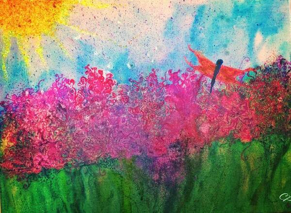 Flowers Art Print featuring the painting Field of flowers w firefly by Christine Paris