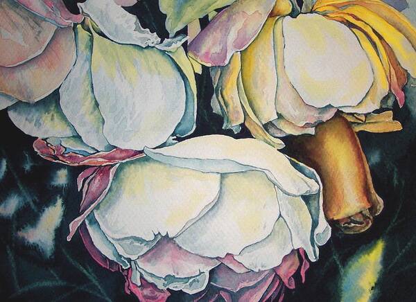 Frost Roses Petals Flowers Garden Seasons Art Print featuring the painting First Frost Roses by Lynne Haines