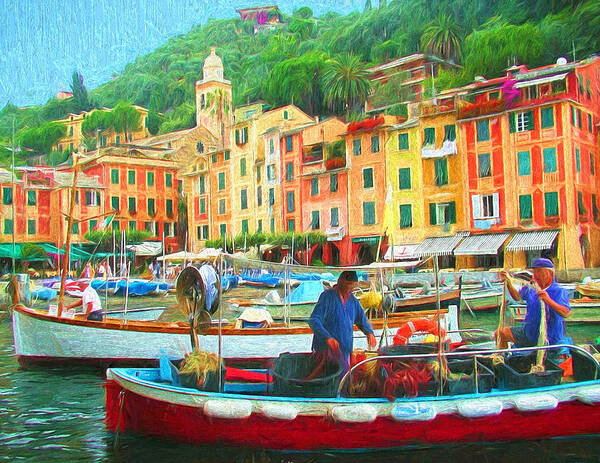 Painting Art Print featuring the painting Fishermen in Portofino by Mitchell R Grosky