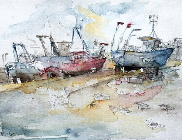 Summer Art Print featuring the painting Fishing Boats at Hastings' Beach by Barbara Pommerenke