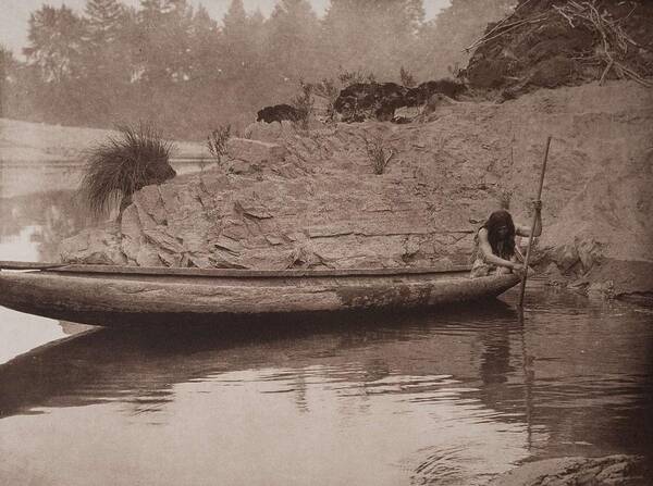 Tribal Art Print featuring the painting Fishing from Canoe - Hupa c.1923 , Native American by Edward Sheriff Curtis, 1868 - 1952 by Celestial Images
