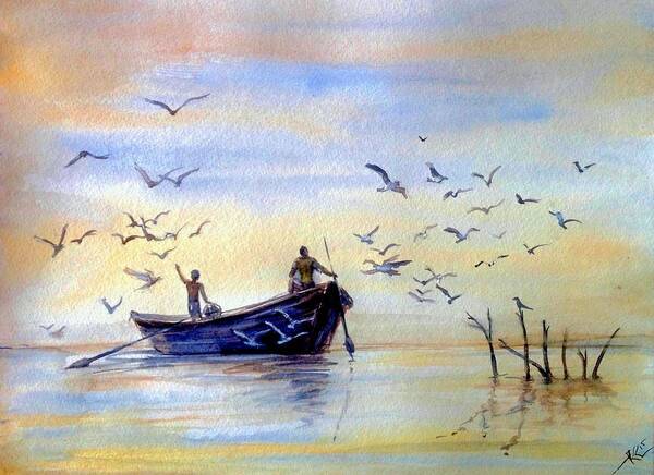 Boat Art Print featuring the painting Fishing by Katerina Kovatcheva