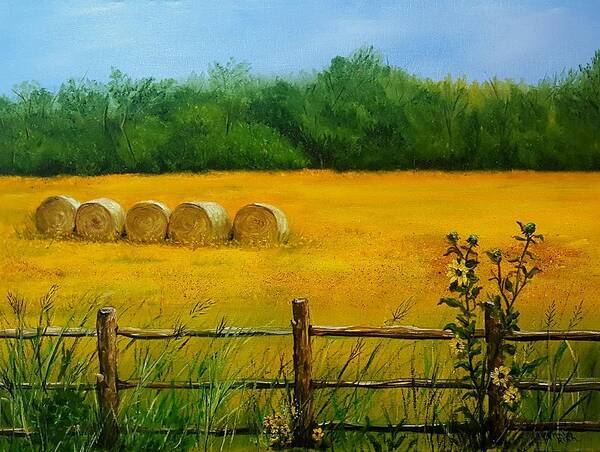 Hay Bails Art Print featuring the painting Five in a Row by Connie Rish
