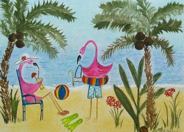 Flamingos Art Print featuring the painting Flamingos at the beach by Susan Nielsen