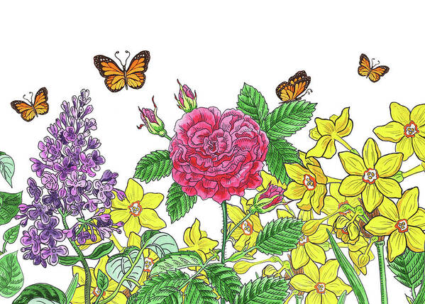 Miniature Daffodil Art Print featuring the painting Flowers And Butterflies Watercolor Garden by Irina Sztukowski