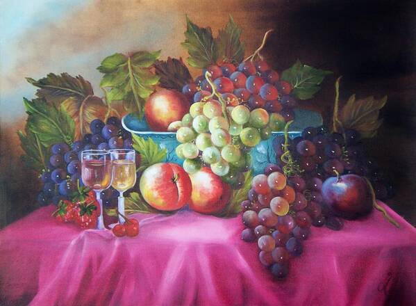 Oil Painting Art Print featuring the painting Fruit and wine on mauve cloth by Joni McPherson