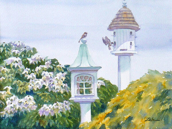 Bird Painting Art Print featuring the painting Garden Birdhouses by Janet Zeh