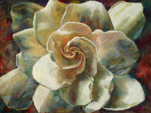 Billie J Colson Floral Art Art Print featuring the painting Gardenia by Billie Colson