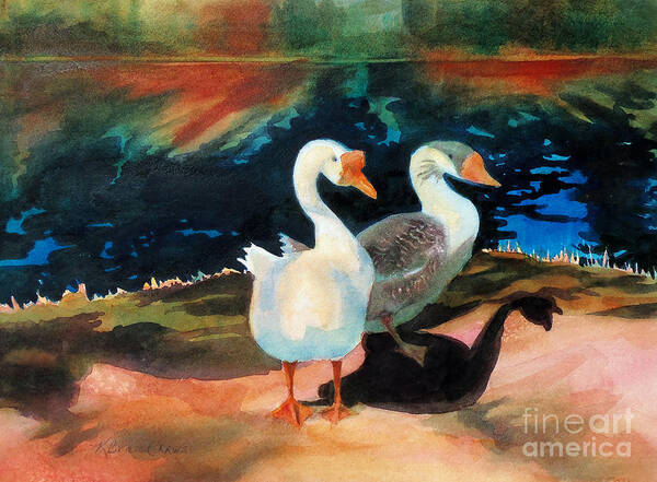 Geese At Riverside Art Print featuring the painting Geese at Riverside by Kathy Braud