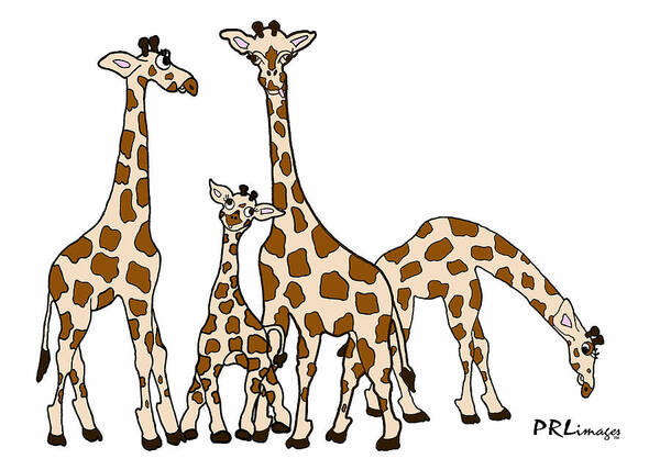Giraffes Art Print featuring the drawing Giraffe Family Portrait in Brown and Beige by Rachel Lowry