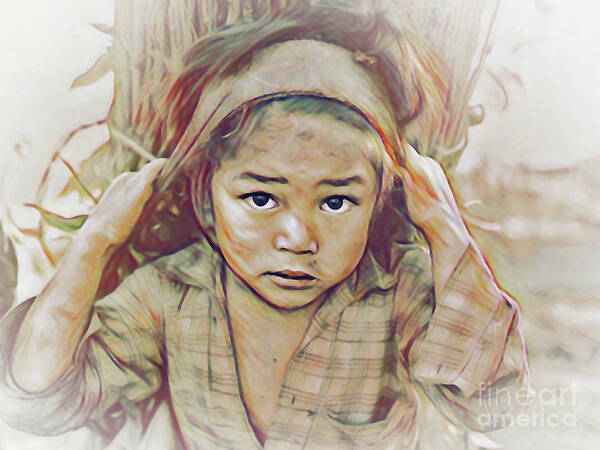 Girl Carrying Firewood Art Print featuring the digital art Girl Carrying Firewood in Nepal by Wernher Krutein
