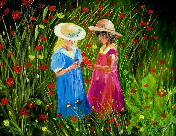 Girls Art Print featuring the painting Girls with flowers by Inna Montano