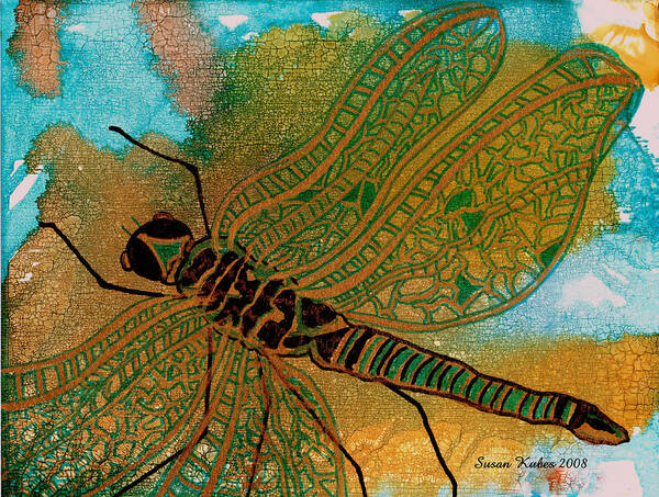 Dragonfly Art Print featuring the mixed media Golden Dragonfly by Susan Kubes