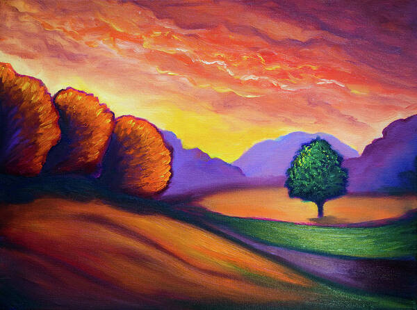 Golden Hour Art Print featuring the painting Golden hour landscape by Lilia S