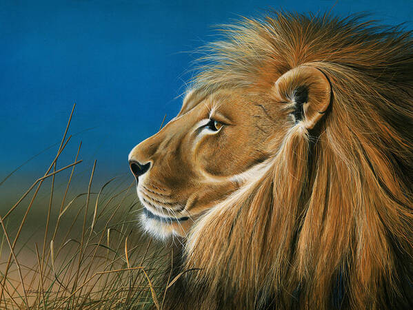 Lion Art Print featuring the painting Golden Sentinal by Mike Brown