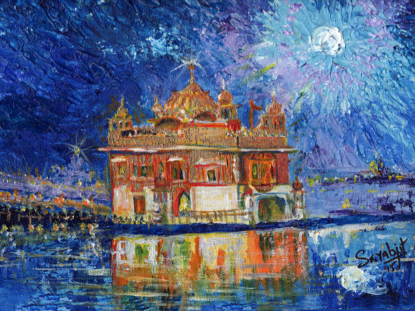 Golden Temple At Night Art Print featuring the painting Golden Temple at night by Sarabjit Singh