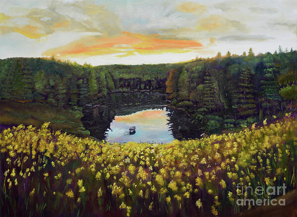 Lake Reflections Art Print featuring the painting Goldenrods on Davenport Lake-Ellijay, GA by Jan Dappen