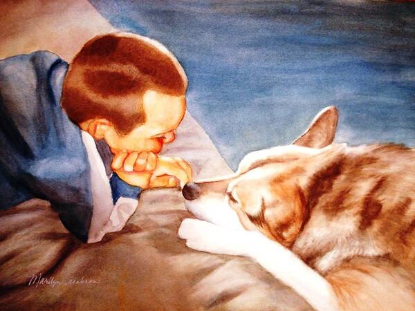 Boy & Dog Art Print featuring the painting Goodbye Misty by Marilyn Jacobson