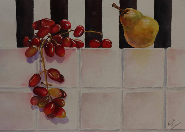 Fruit Art Print featuring the painting Grapes and Pear by Ruth Kamenev