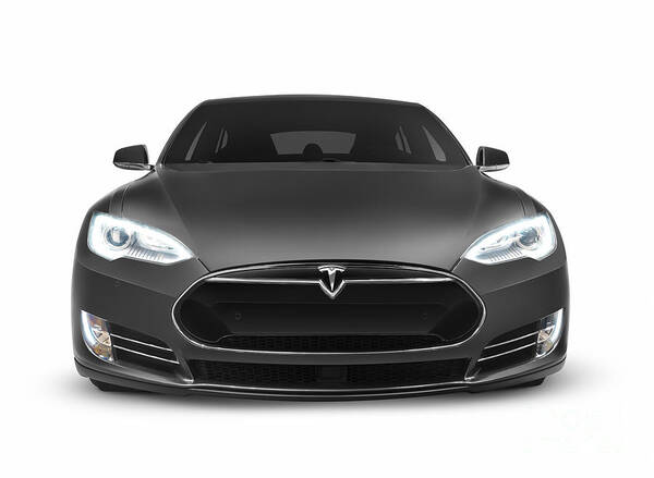 Tesla Art Print featuring the photograph Gray Tesla Model S luxury electric car front view isolated on wh by Maxim Images Exquisite Prints