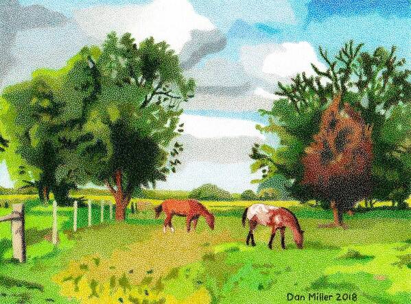 Horses Art Print featuring the drawing Grazing Horses Nebraska by Dan Miller