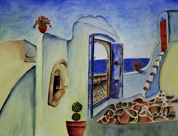 Greek Villa Watercolor Greek Isles Watercolor Stone Homes Watercolor European Watercolor Art Print featuring the painting Greek Villa II by Mary Gaines