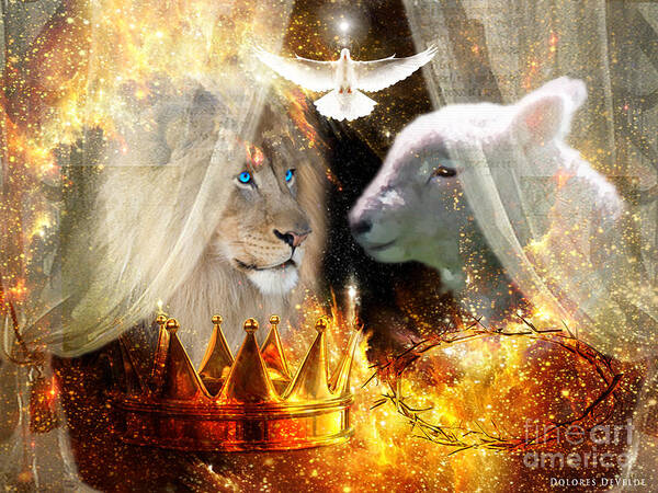 Lion Of Judah Lamb Of God Holy Spirit Art Print featuring the digital art Ha-shilush Ha-kadosh by Dolores Develde