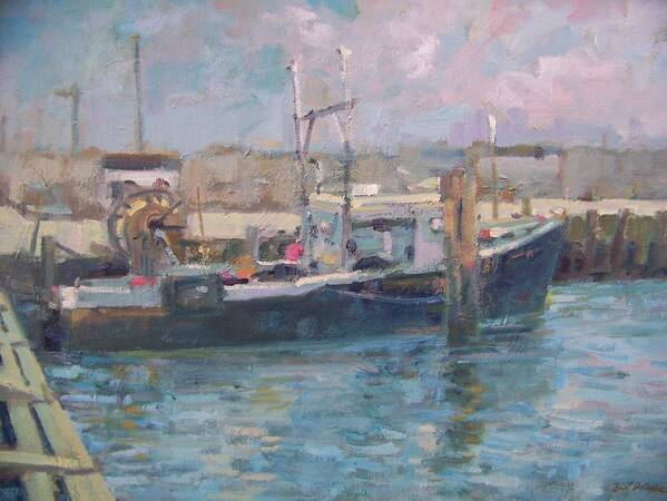 Fishing Boat In Hampton Bays Marina Art Print featuring the painting Hampton Bays marina by Bart DeCeglie