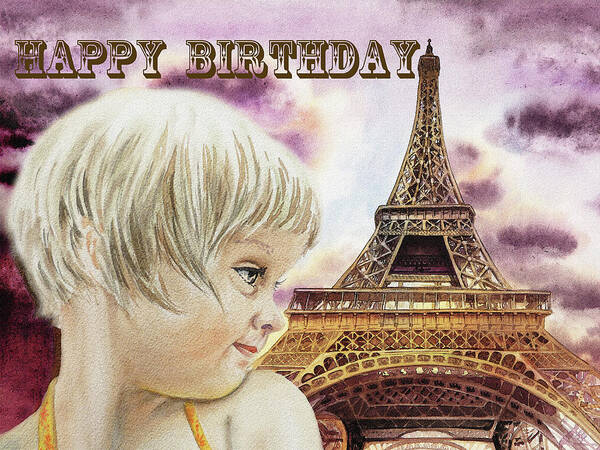Birthday Art Print featuring the painting Happy Birthday French Girl Paris Card by Irina Sztukowski