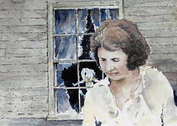 The Artist's Mother Stands Outside In Front Of A Window Of Her Home. A White Iris Is Inside The Window. Art Print featuring the painting Helen by Monte Toon