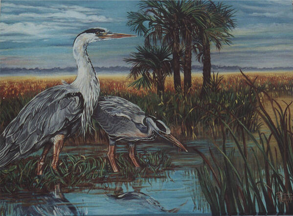 Herons Art Print featuring the painting Herons by Diann Baggett
