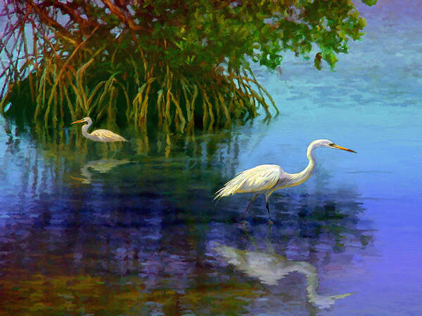 Tropical Art Print featuring the painting Herons in Mangroves by David Van Hulst