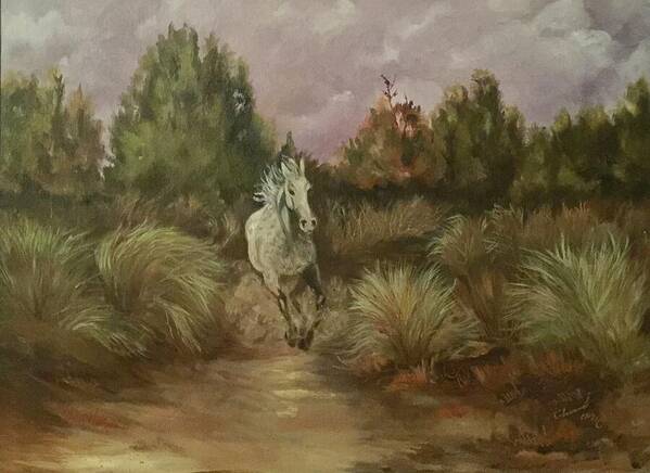 White-spotted Horse Running In The High Desert  Horse Art Print featuring the painting High Desert Runner by Charme Curtin