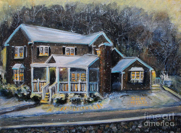 Landscape Art Print featuring the painting Home on a Snowy Eve by Rita Brown