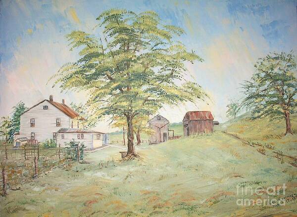 White House; 2 Sheds; Green Tree In Foreground; Set Of 4 Homeplace Prints For $100.00 Art Print featuring the painting Homeplace - The Farmhouse by Judith Espinoza
