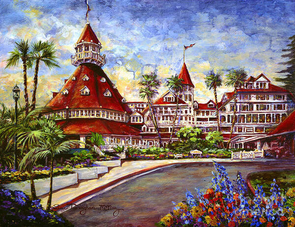 Hotel Del Coronado Art Print featuring the painting Hotel Del with Flowers by Glenn McNary