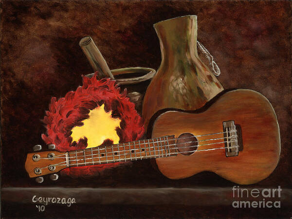 Ukelele Art Print featuring the painting Hula Implements by Larry Geyrozaga