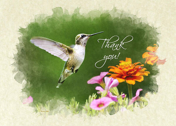 Thank You Card Art Print featuring the mixed media Hummingbird Flying with Flowers Thank You Card by Christina Rollo