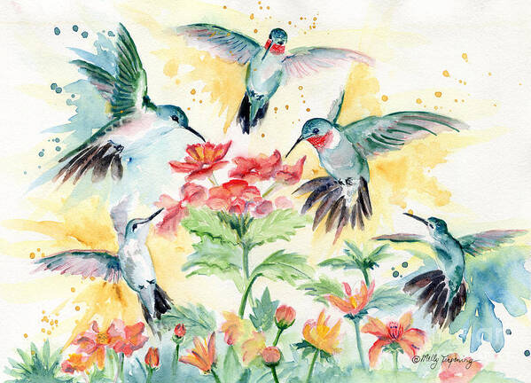 Hummingbird Art Print featuring the painting Hummingbirds Party by Melly Terpening