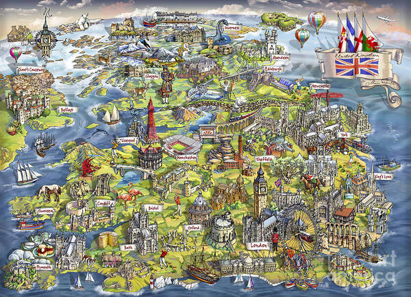 Uk; United Kingdom Art Print featuring the painting Illustrated Map of the United Kingdom by Maria Rabinky