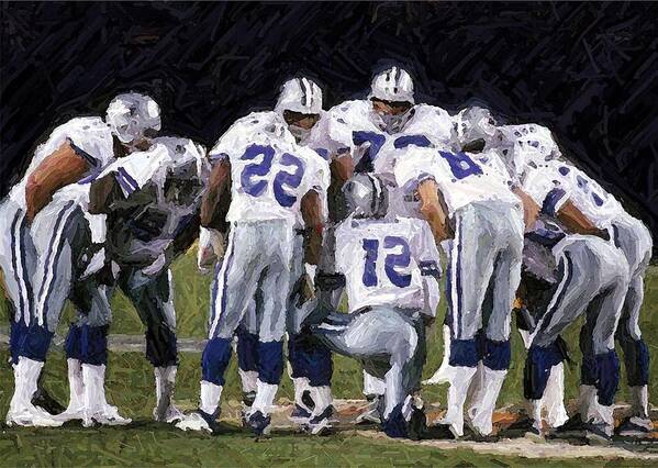 Dallas Cowboys Art Print featuring the digital art In The Huddle by Carrie OBrien Sibley