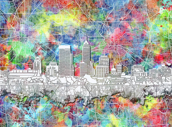 Indianapolis Art Print featuring the painting Indianapolis Skyline Watercolor 8 by Bekim M