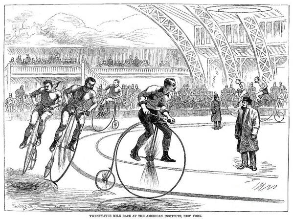 1880 Art Print featuring the drawing Indoor Bicycle Race, 1880 by Granger