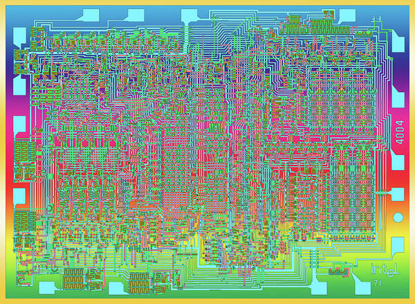 Intel Art Print featuring the digital art Intel 4004 CPU 4 bit Central Processing Unit CPU Computer Chip Integrated Circuit Mask, Abstract 5 by Kathy Anselmo
