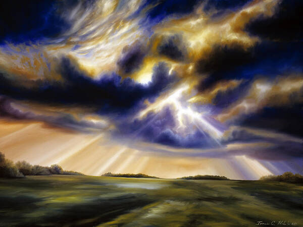 Sunrise; Sunset; Power; Glory; Cloudscape; Skyscape; Purple; Red; Blue; Stunning; Landscape; James C. Hill; James Christopher Hill; Jameshillgallery.com; Ocean; Lakes; Storms; Lightning; Rain; Rays; God Art Print featuring the painting Iowa Storms by James Christopher Hill